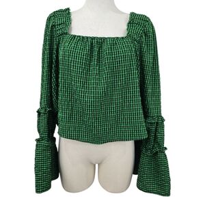 Topshop Check Plaid Tiered Sleeve Green Square Neck size 12 NWT